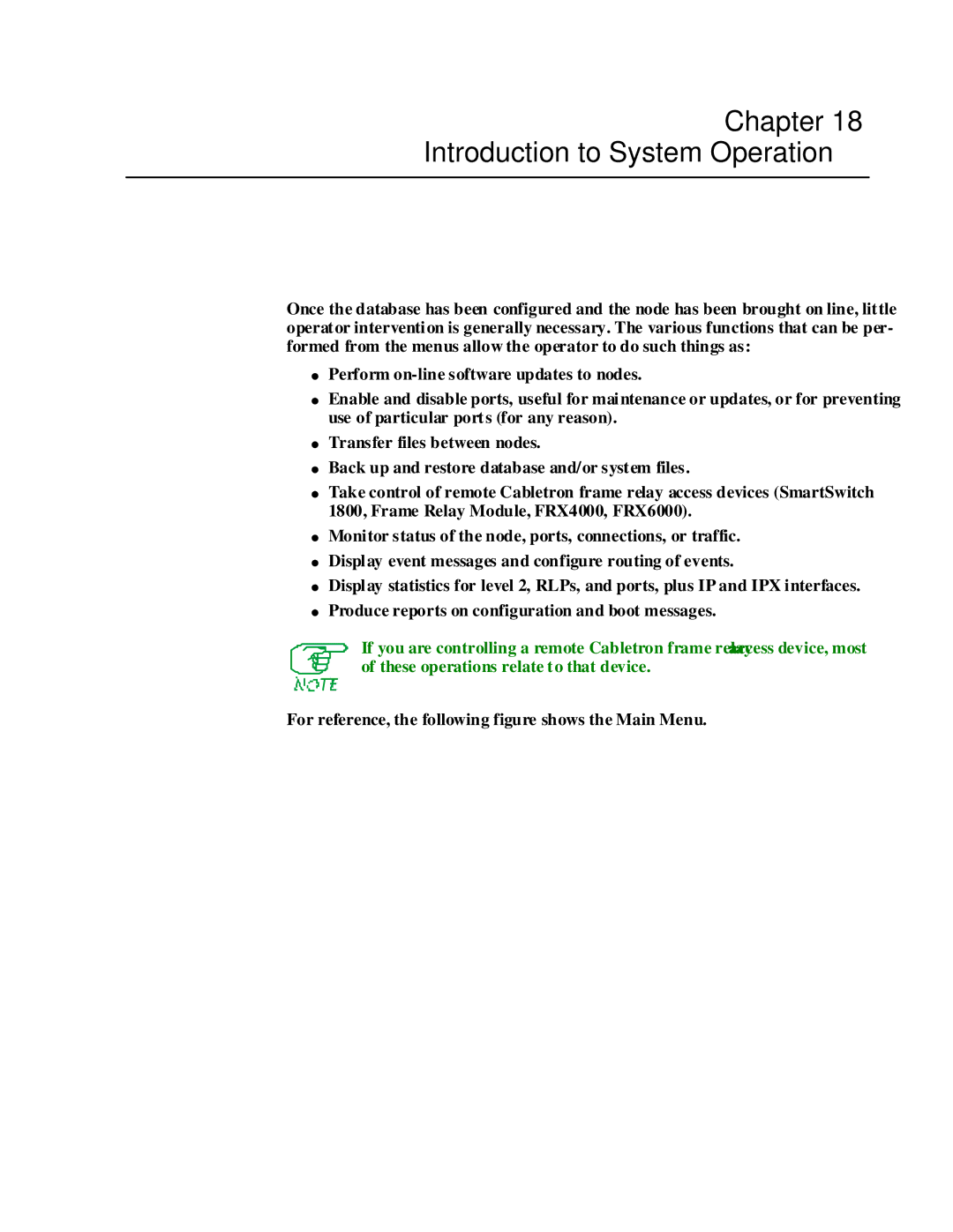 Cabletron Systems 1800 manual Introduction to System Operation, For reference, the following figure shows the Main Menu 