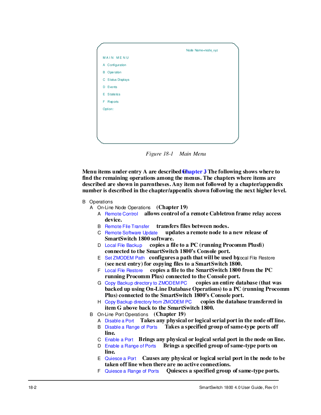 Cabletron Systems 1800 manual Operations On-Line Node Operations Chapter 