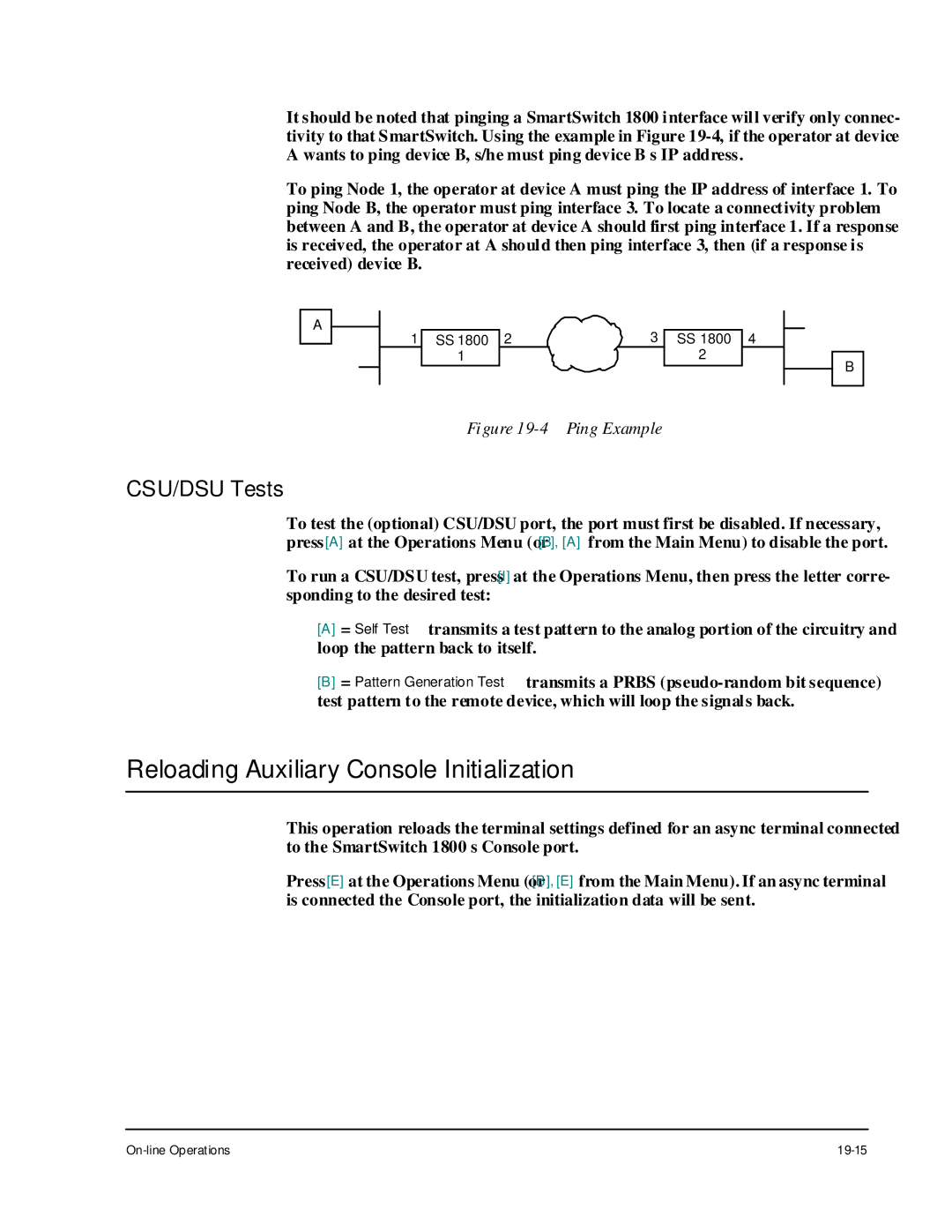 Cabletron Systems 1800 manual Reloading Auxiliary Console Initialization, CSU/DSU Tests 