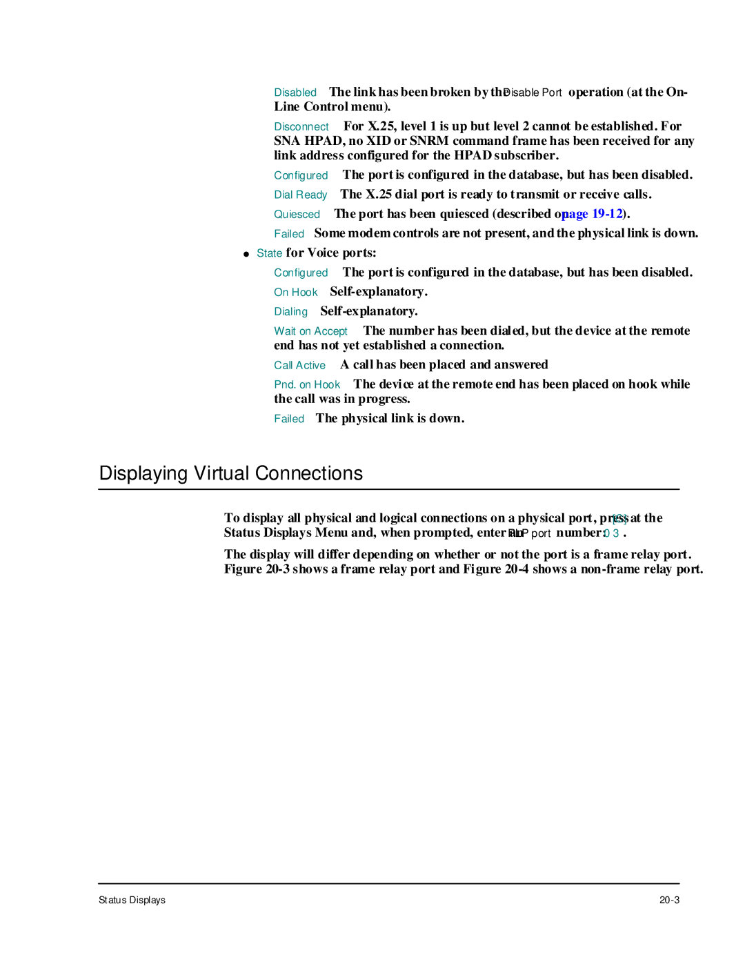 Cabletron Systems 1800 manual Displaying Virtual Connections, Status Displays 20-3 