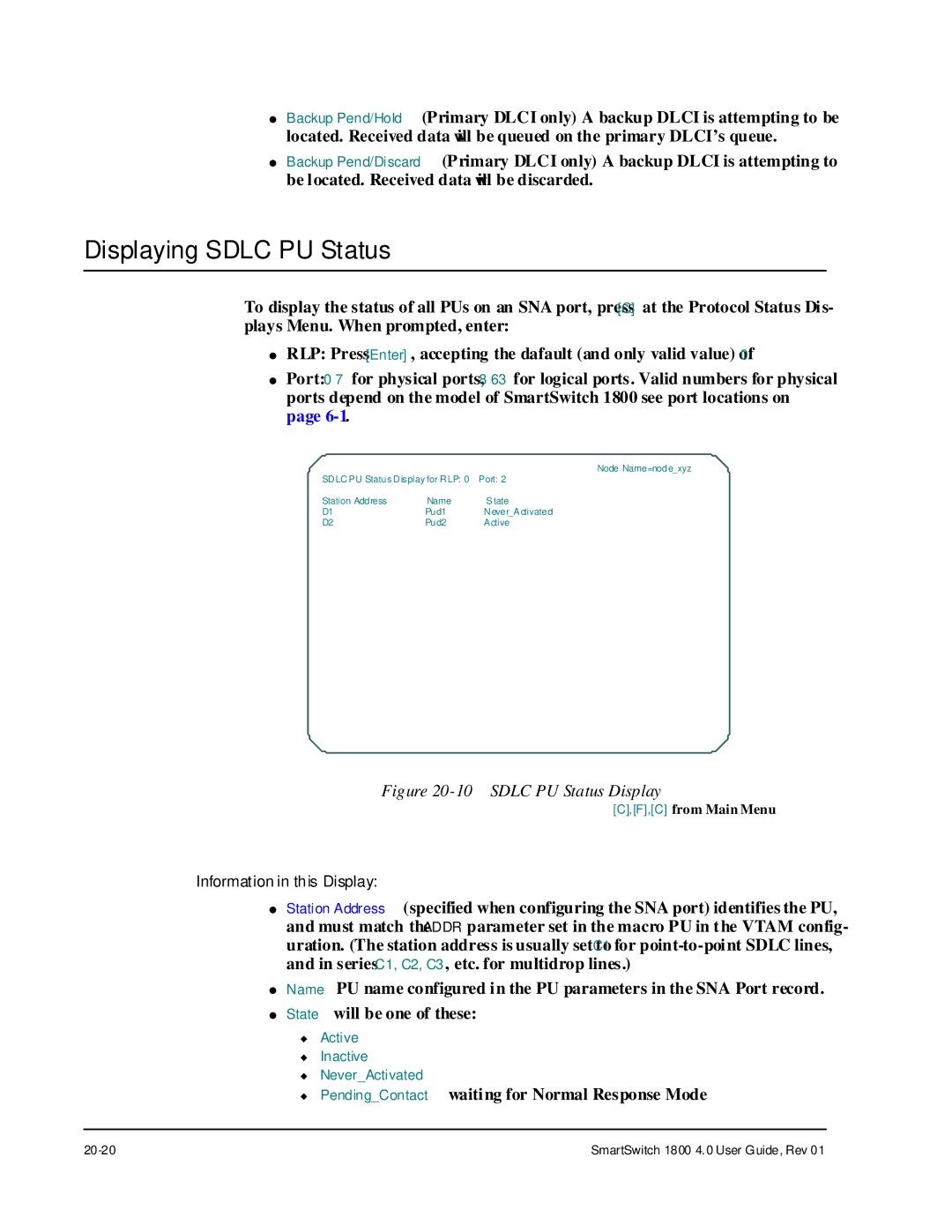 Cabletron Systems 1800 manual Displaying Sdlc PU Status, Sdlc PU Status Display 