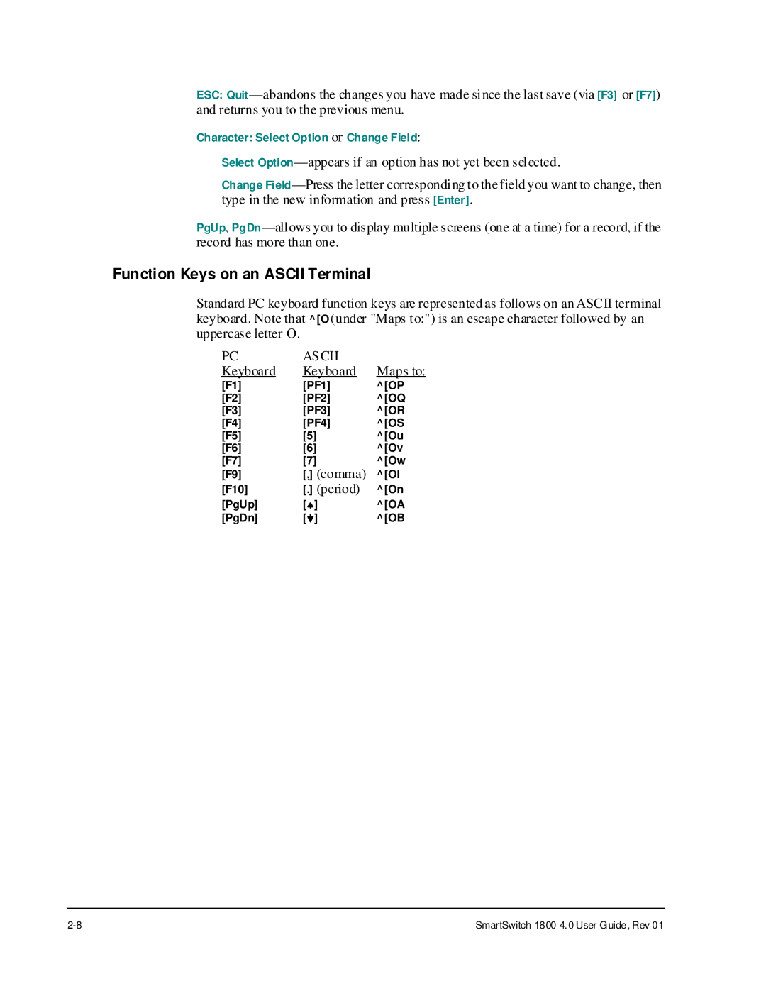 Cabletron Systems 1800 manual Function Keys on an Ascii Terminal 