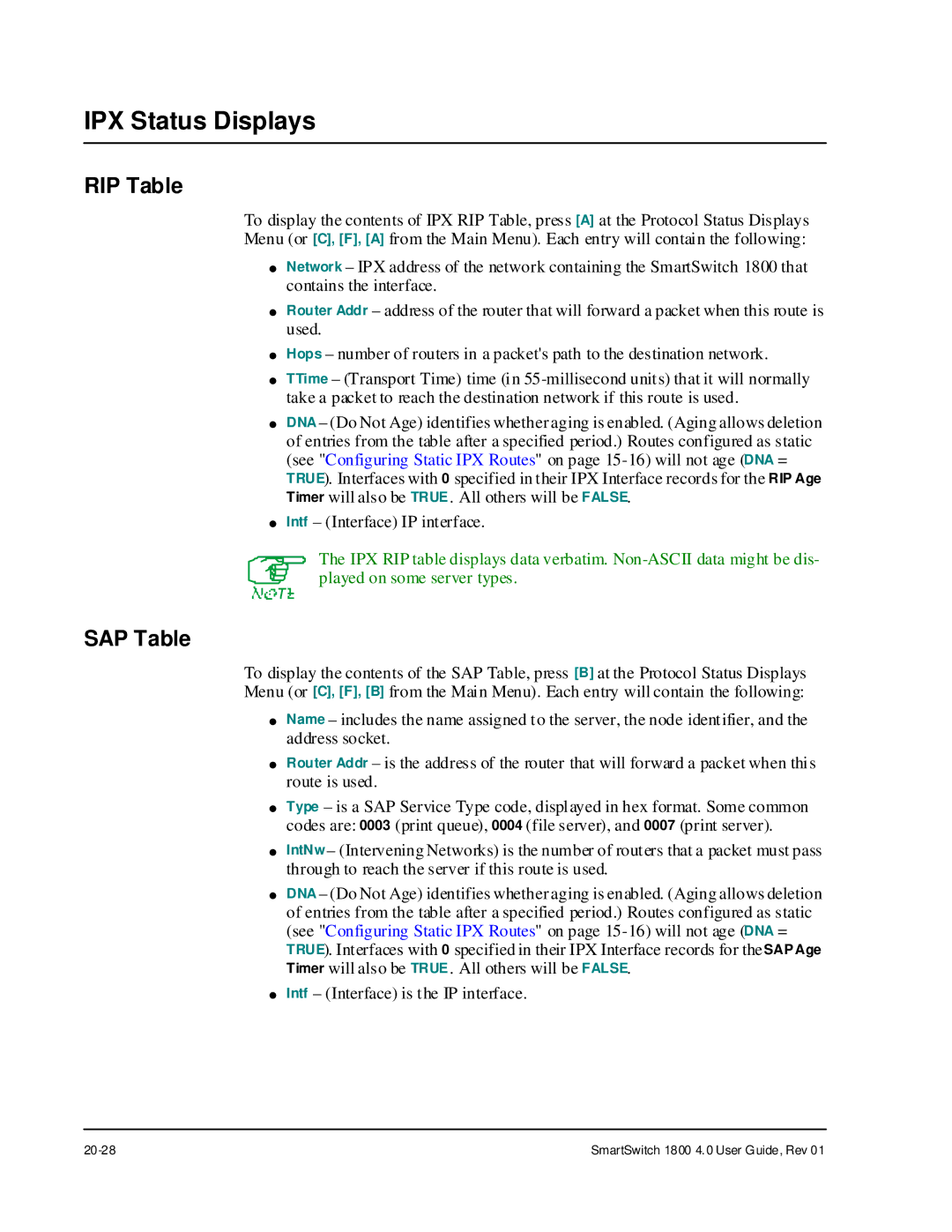 Cabletron Systems 1800 manual IPX Status Displays, RIP Table, SAP Table 