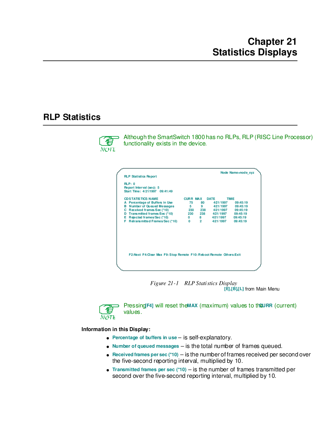 Cabletron Systems 1800 manual Chapter Statistics Displays, RLP Statistics 