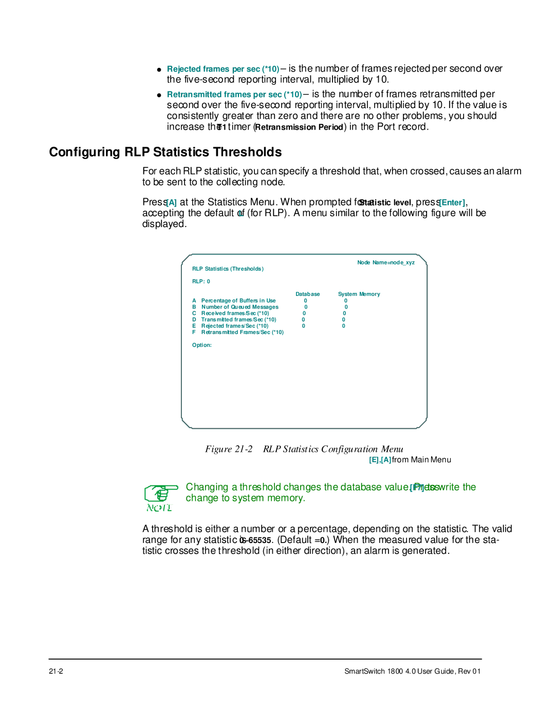 Cabletron Systems 1800 manual Configuring RLP Statistics Thresholds, RLP Statistics Configuration Menu 