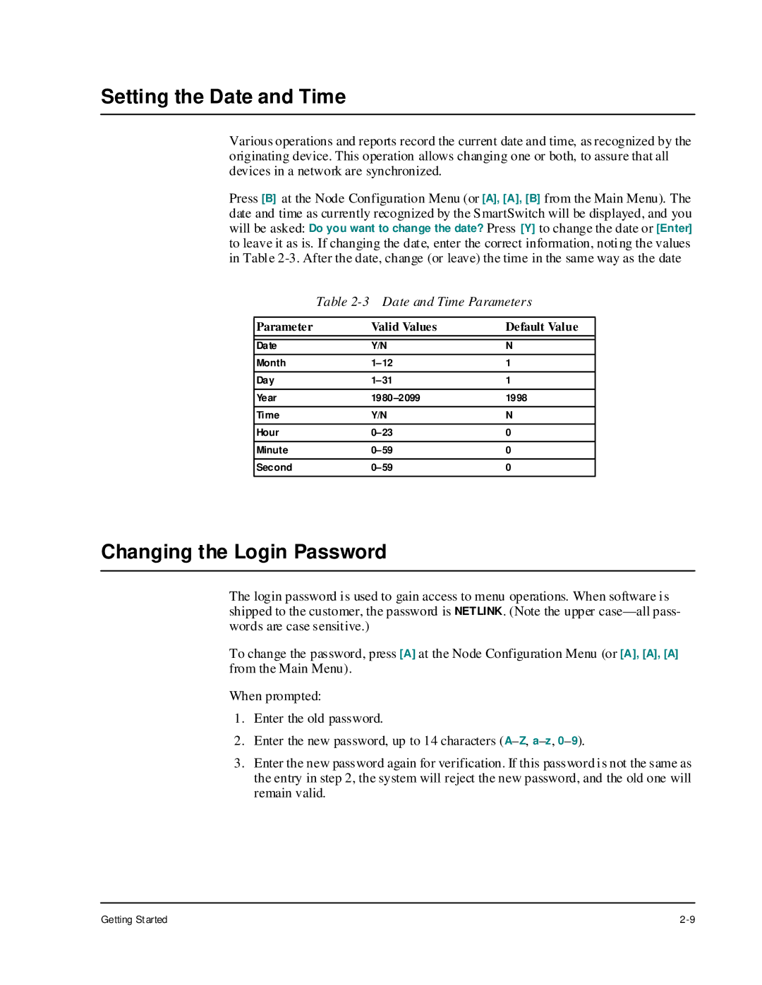 Cabletron Systems 1800 manual Setting the Date and Time, Changing the Login Password, Date and Time Parameters 