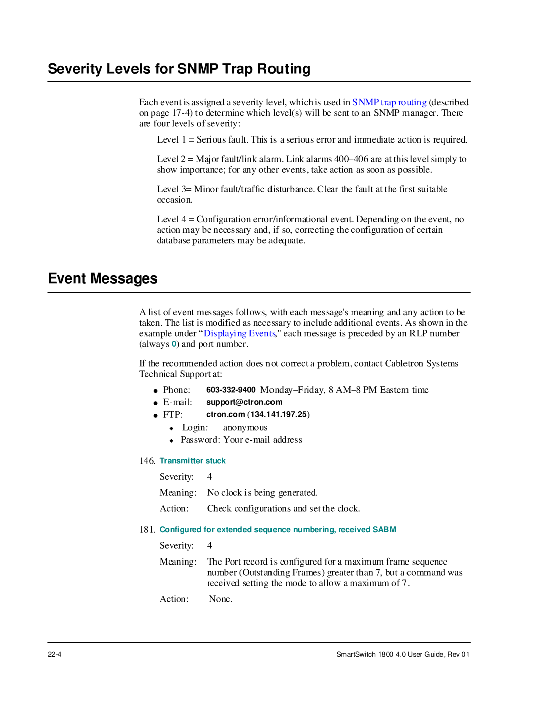 Cabletron Systems 1800 manual Severity Levels for Snmp Trap Routing, Event Messages 