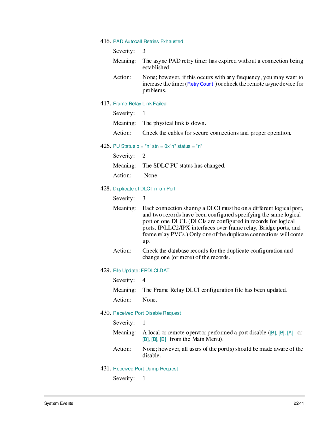 Cabletron Systems 1800 manual Severity Meaning The Sdlc PU status has changed Action None 