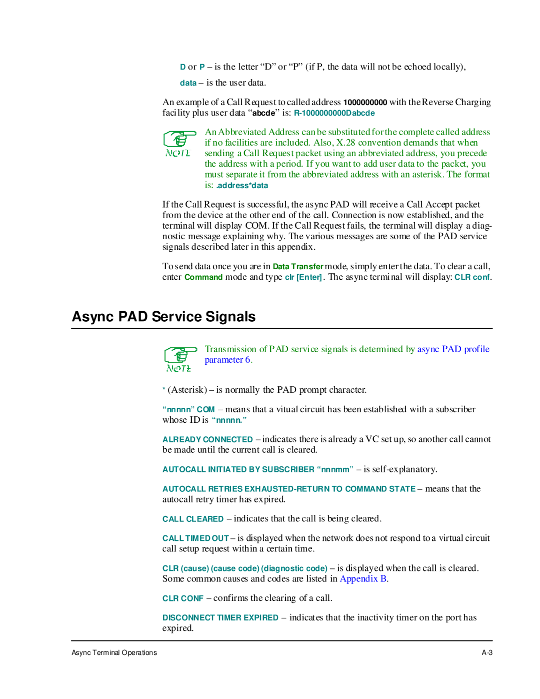 Cabletron Systems 1800 manual Async PAD Service Signals 