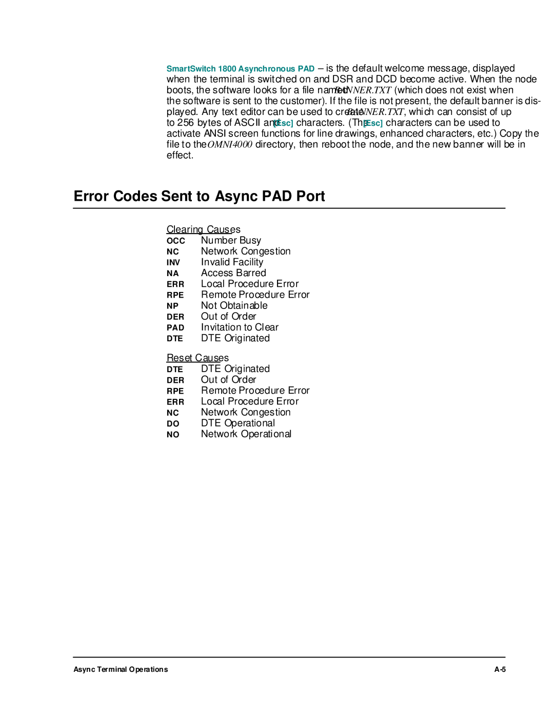 Cabletron Systems 1800 manual Error Codes Sent to Async PAD Port 