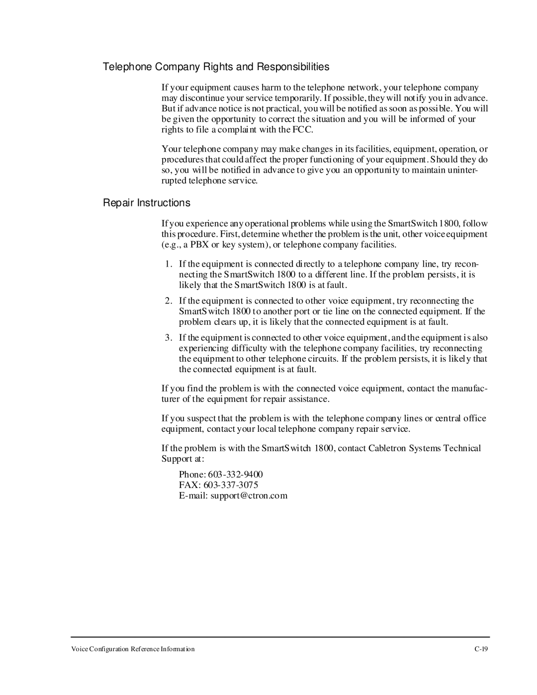 Cabletron Systems 1800 manual Telephone Company Rights and Responsibilities, Repair Instructions 