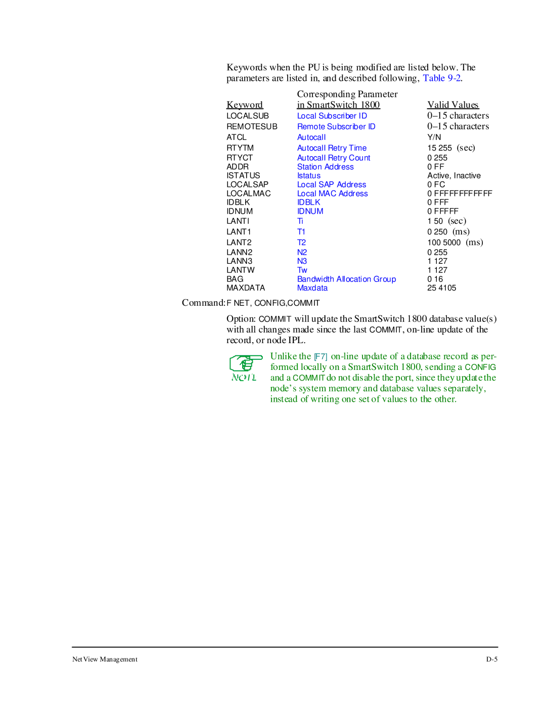 Cabletron Systems 1800 manual Corresponding Parameter Keyword SmartSwitch Valid Values 