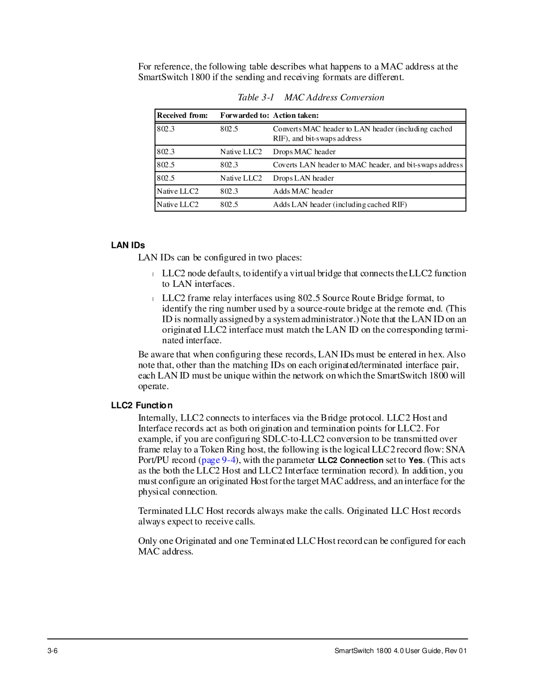 Cabletron Systems 1800 manual MAC Address Conversion, Received from Forwarded to Action taken 