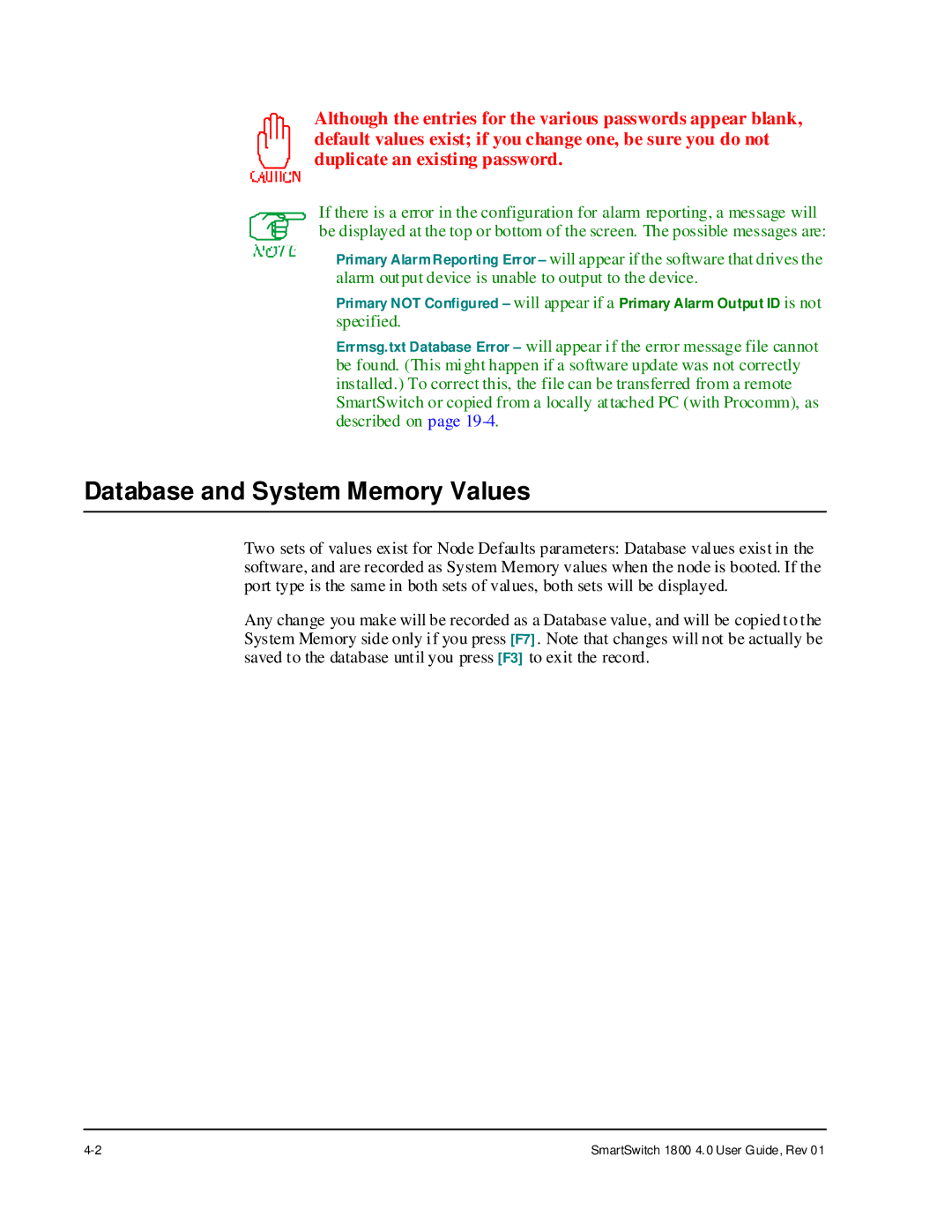 Cabletron Systems 1800 manual Database and System Memory Values 