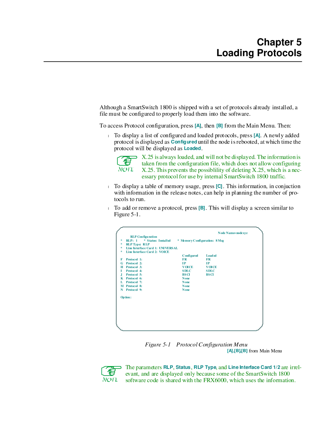 Cabletron Systems 1800 manual Chapter Loading Protocols, Protocol Configuration Menu 