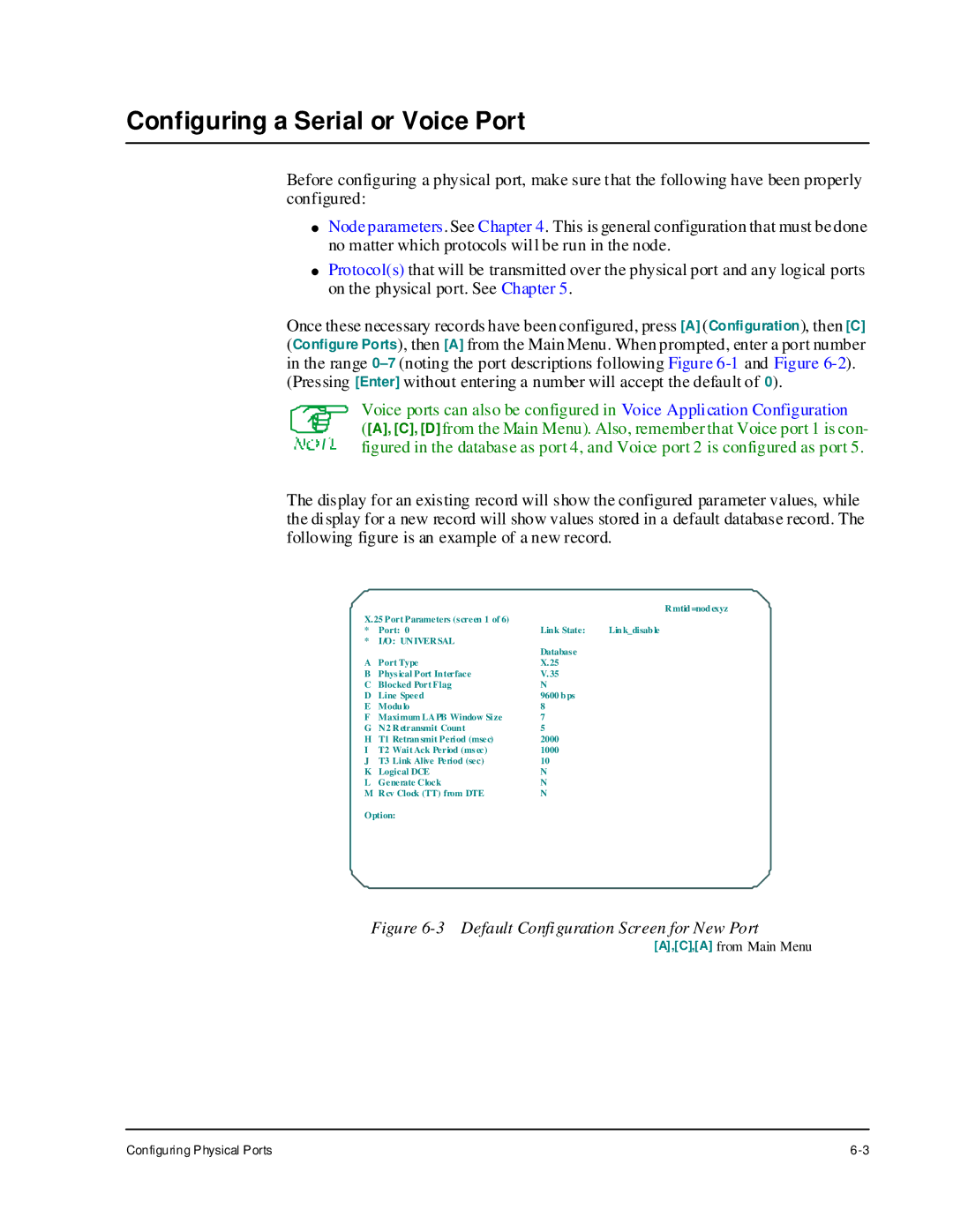 Cabletron Systems 1800 manual Configuring a Serial or Voice Port, Default Configuration Screen for New Port 