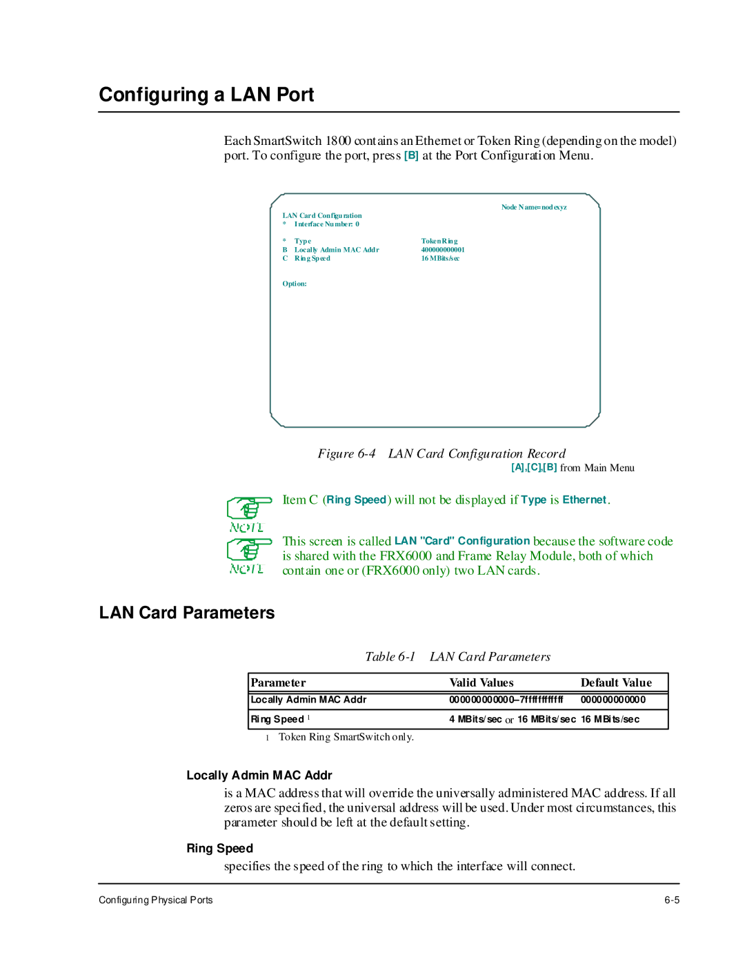 Cabletron Systems 1800 manual Configuring a LAN Port, LAN Card Parameters 