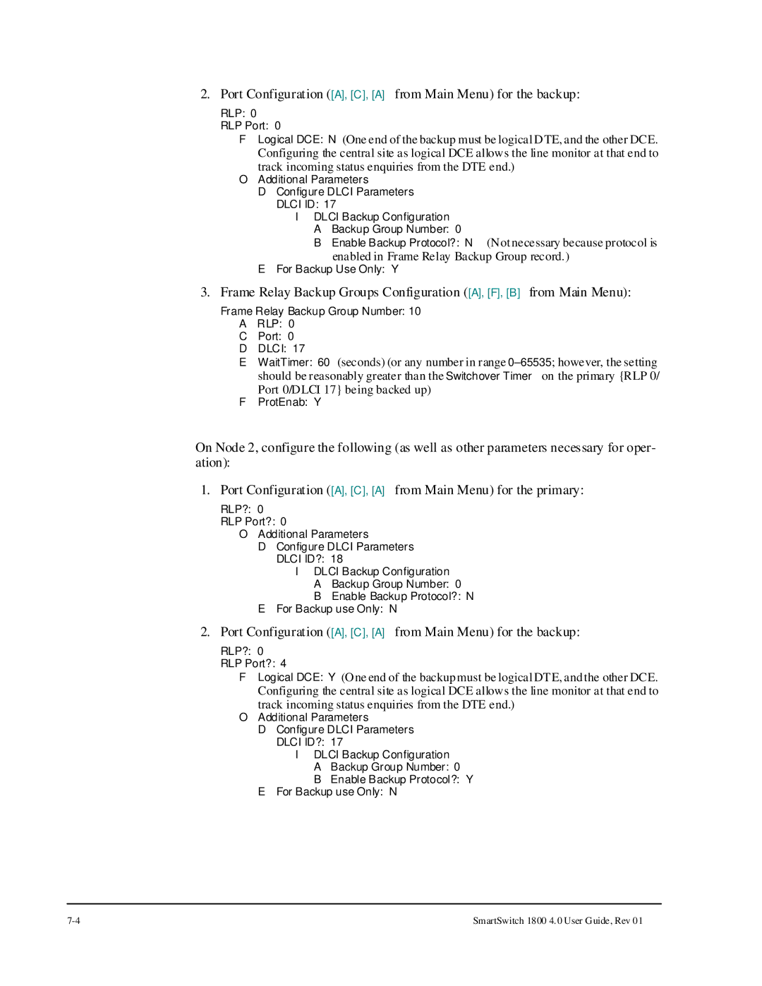 Cabletron Systems 1800 manual Port Configuration A, C, a from Main Menu for the backup 