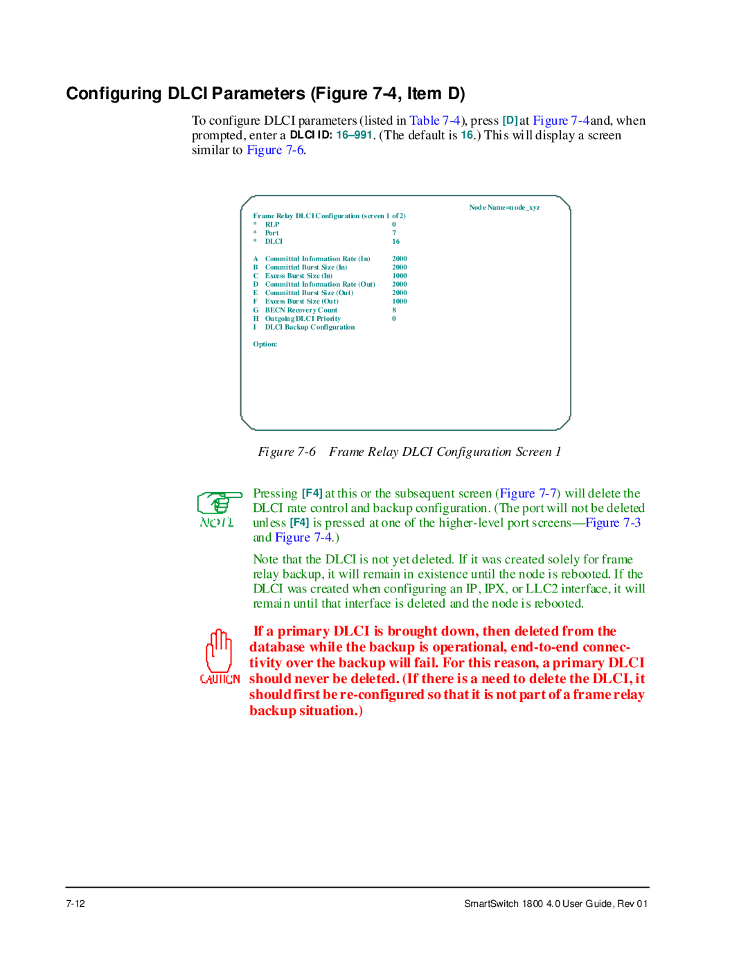 Cabletron Systems 1800 manual Configuring Dlci Parameters -4, Item D, Frame Relay Dlci Configuration Screen 