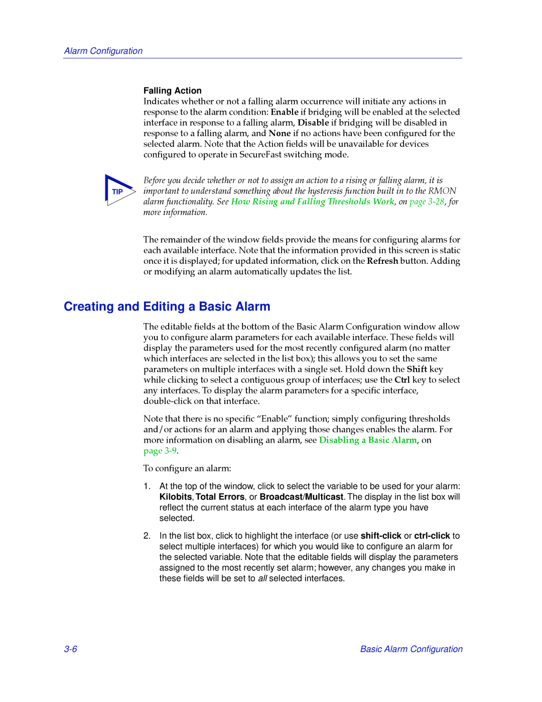 Cabletron Systems 2000 manual Creating and Editing a Basic Alarm, Falling Action 