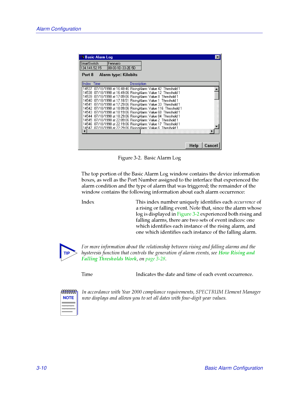 Cabletron Systems 2000 manual Time Indicates the date and time of each event occurrence 