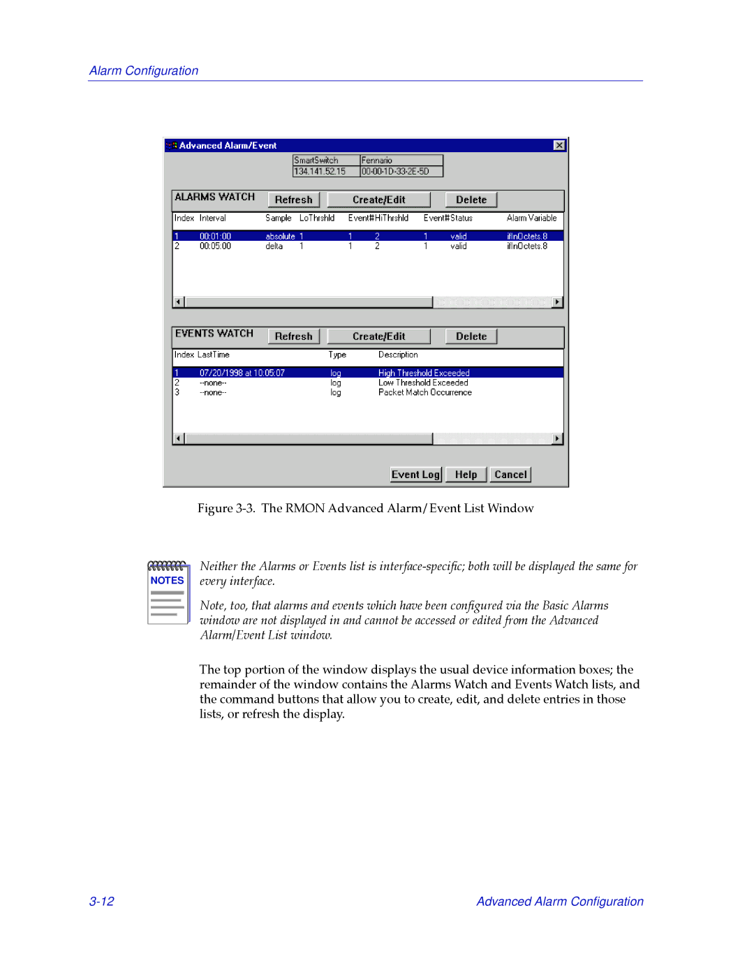 Cabletron Systems 2000 manual Rmon Advanced Alarm/Event List Window 