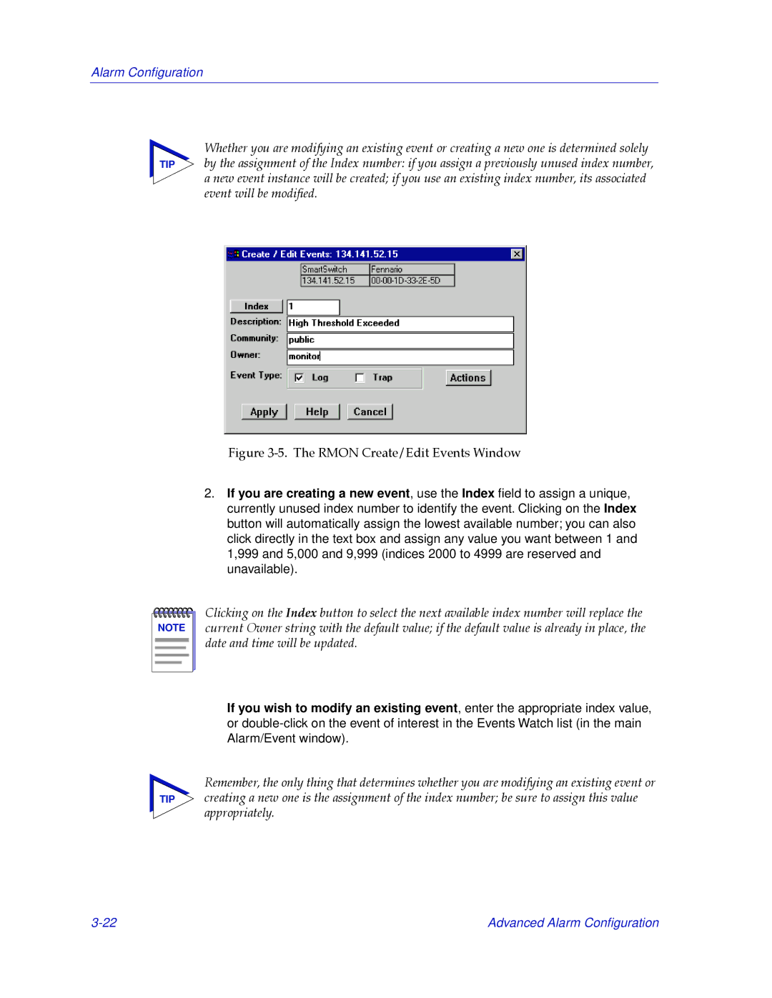 Cabletron Systems 2000 manual Rmon Create/Edit Events Window 