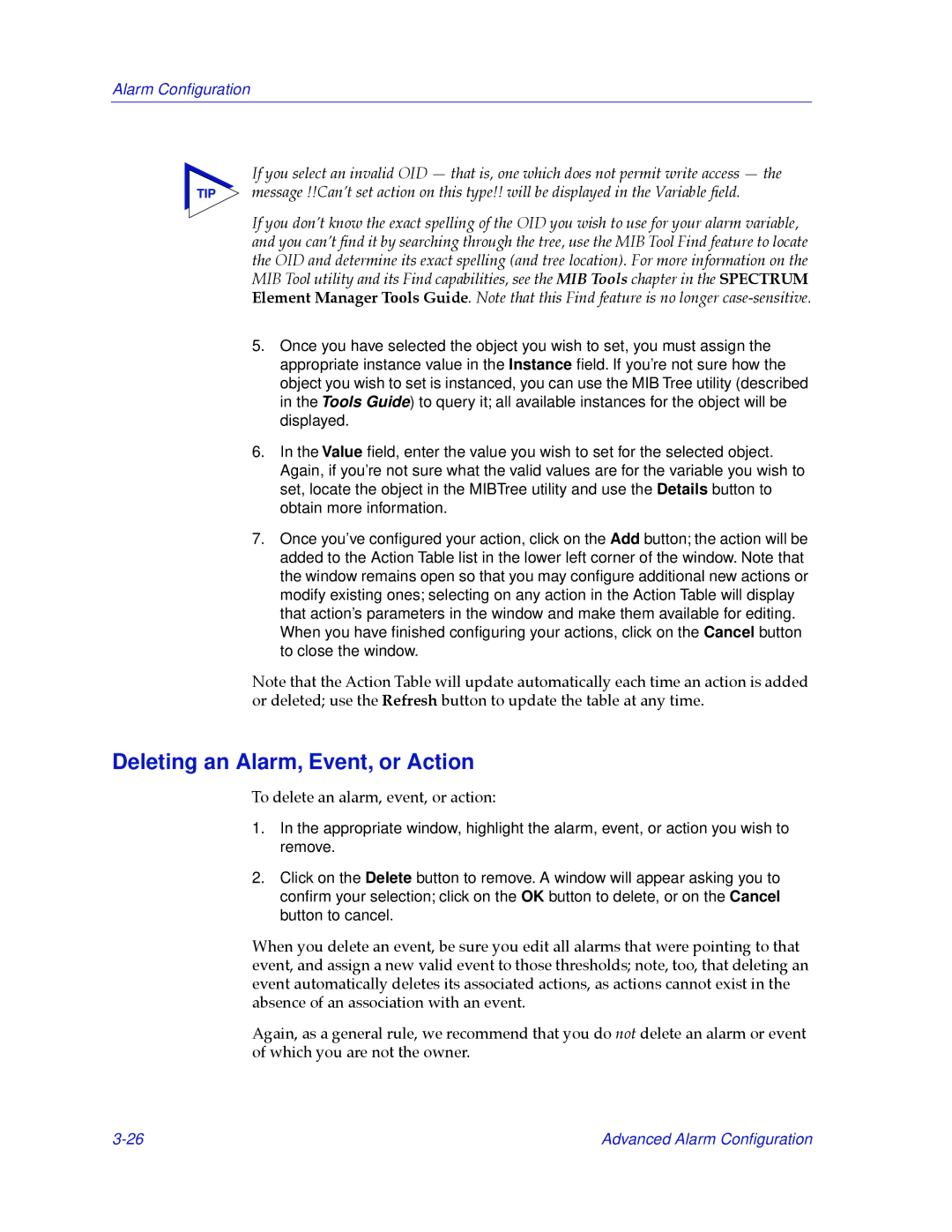 Cabletron Systems 2000 manual Deleting an Alarm, Event, or Action 