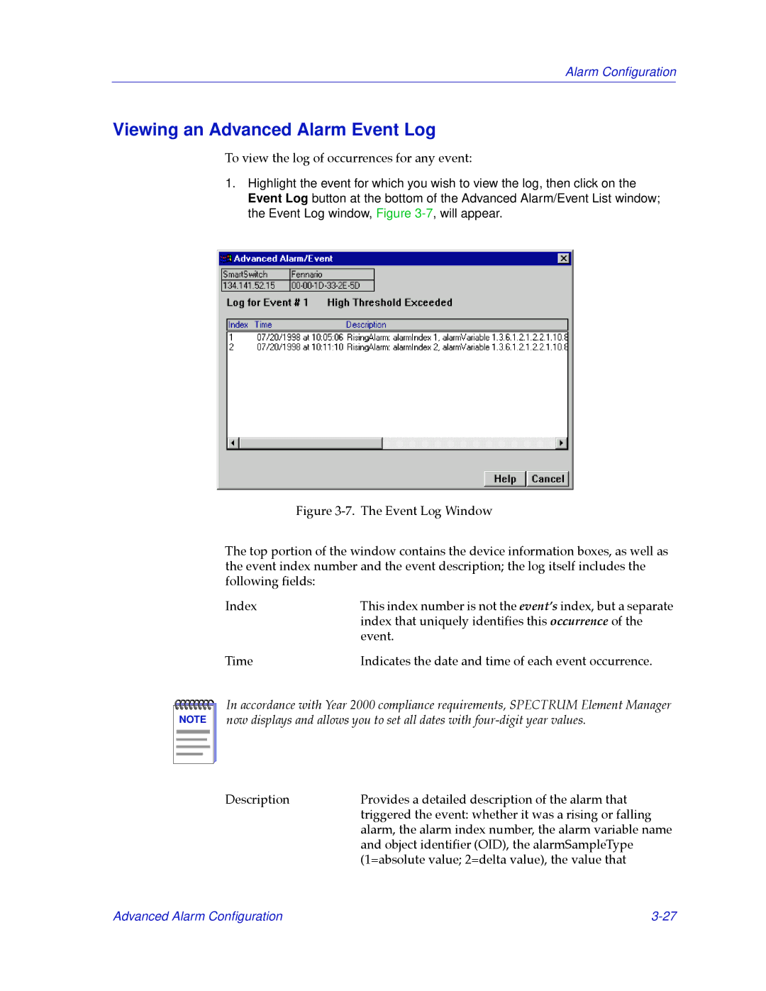 Cabletron Systems 2000 manual Viewing an Advanced Alarm Event Log 