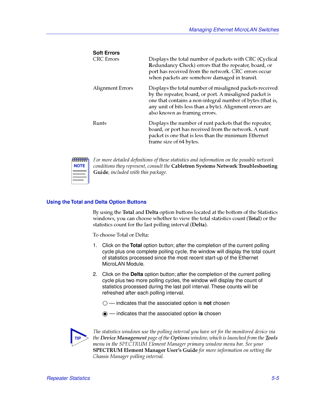 Cabletron Systems 2000 manual Soft Errors, Using the Total and Delta Option Buttons 