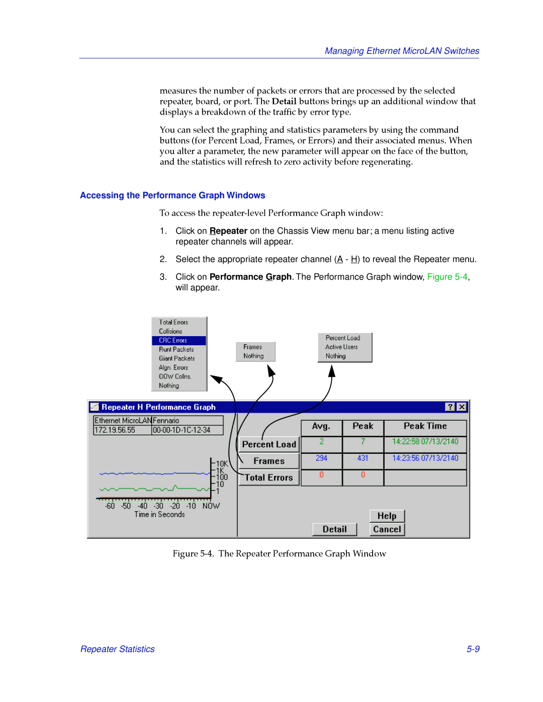 Cabletron Systems 2000 manual Accessing the Performance Graph Windows, Repeater Performance Graph Window 