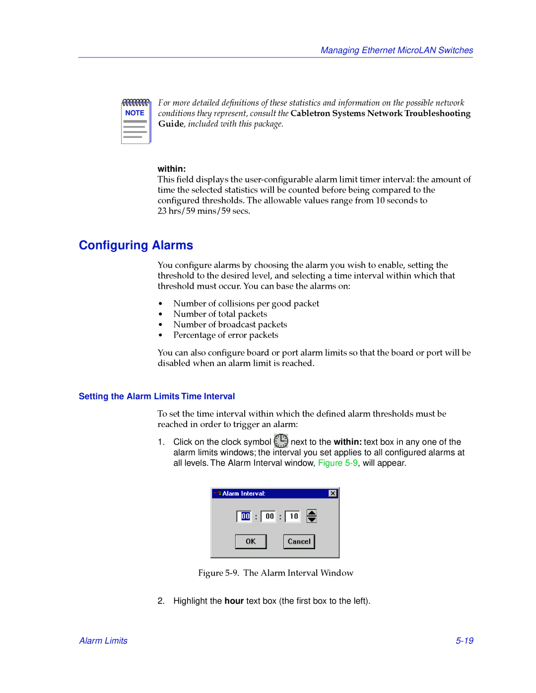 Cabletron Systems 2000 manual Conﬁguring Alarms, Within, Setting the Alarm Limits Time Interval 