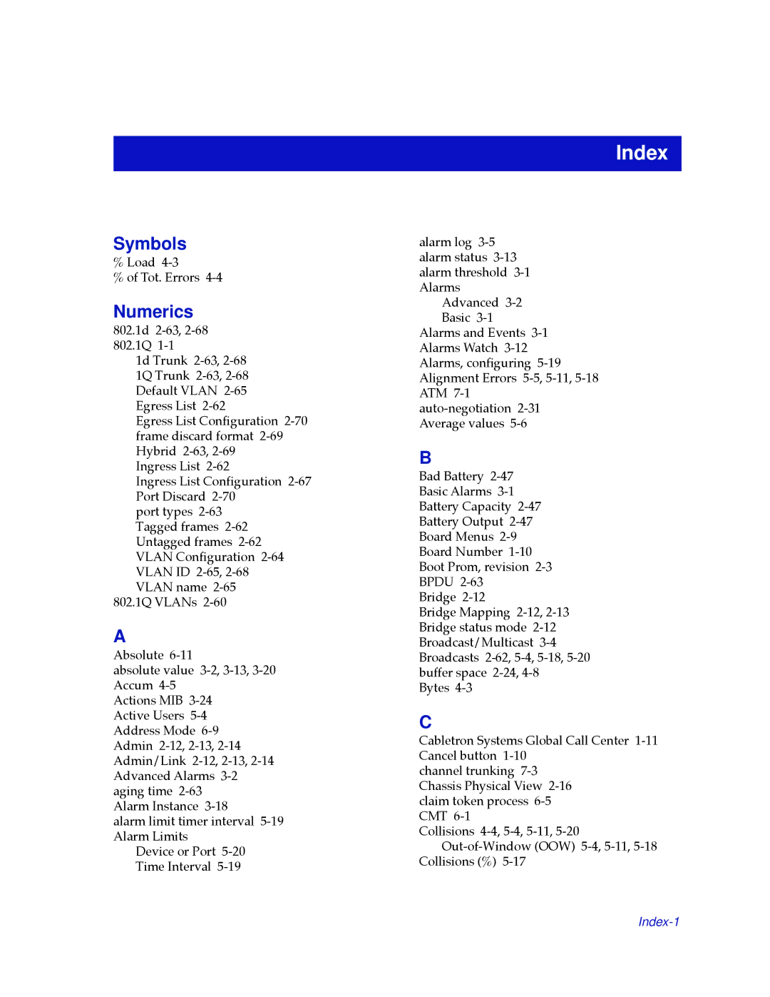 Cabletron Systems 2000 manual Symbols, Numerics 