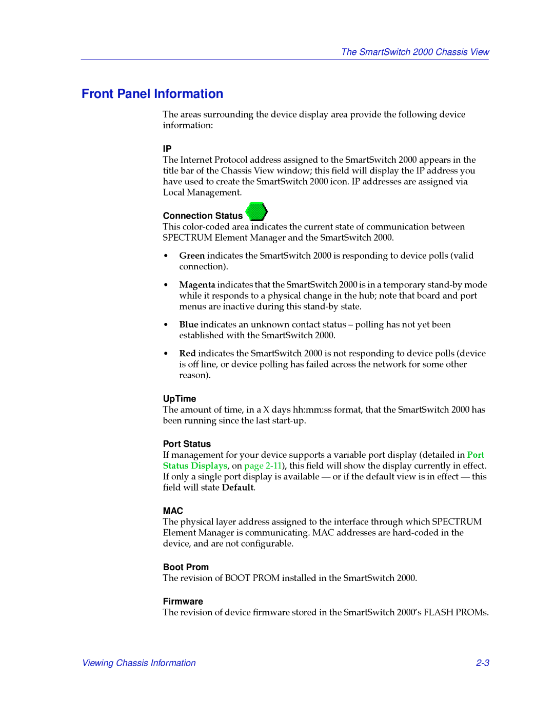 Cabletron Systems 2000 manual Front Panel Information, Connection Status, Port Status, Boot Prom, Firmware 