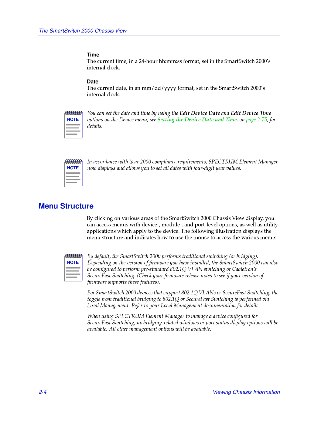 Cabletron Systems 2000 manual Menu Structure, Time, Date 