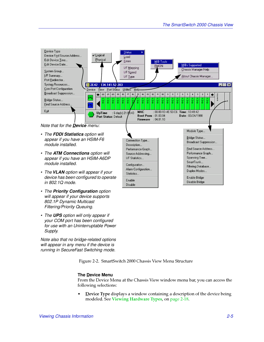 Cabletron Systems manual SmartSwitch 2000 Chassis View Menu Structure, Device Menu 