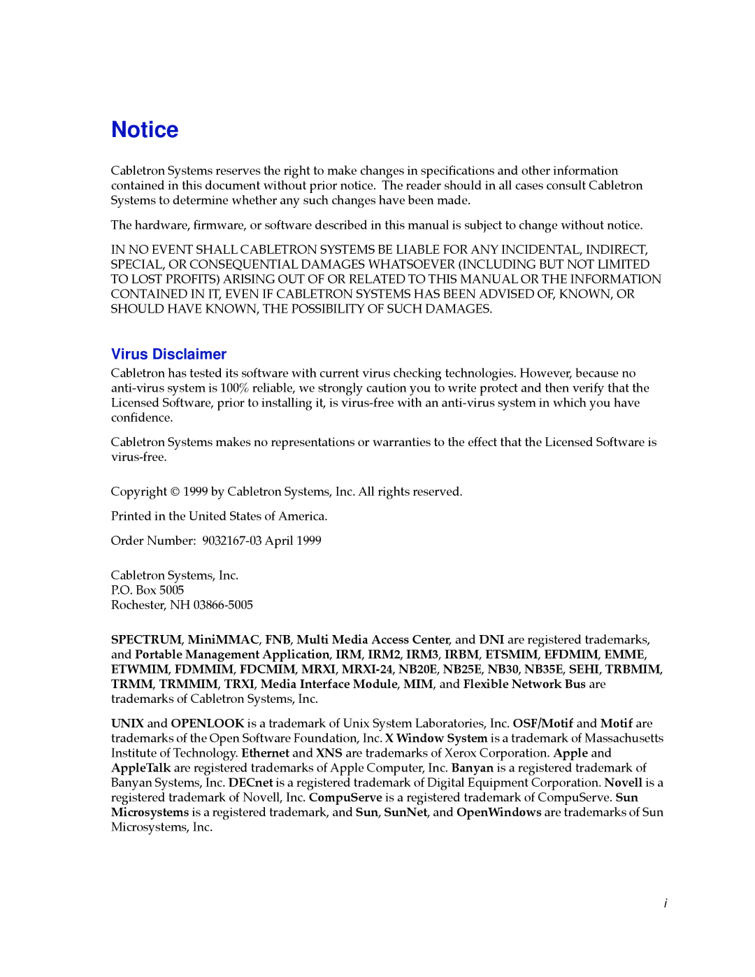 Cabletron Systems 2000 manual Virus Disclaimer 