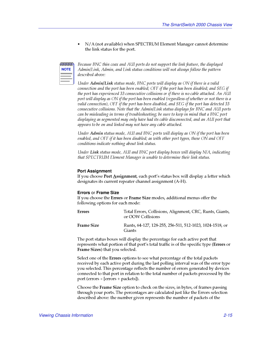 Cabletron Systems 2000 manual Port Assignment, Errors or Frame Size 