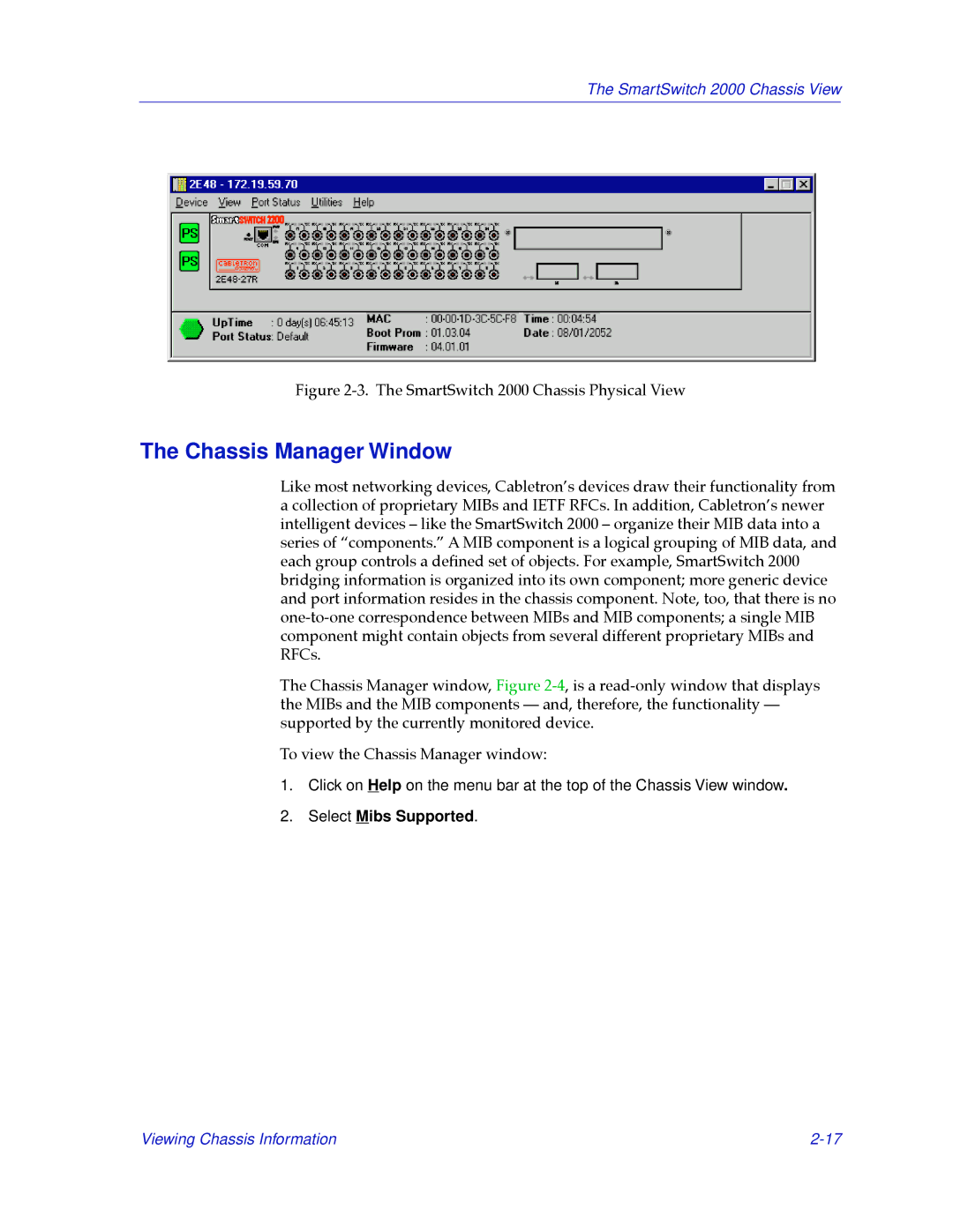 Cabletron Systems 2000 manual Chassis Manager Window, Select Mibs Supported 