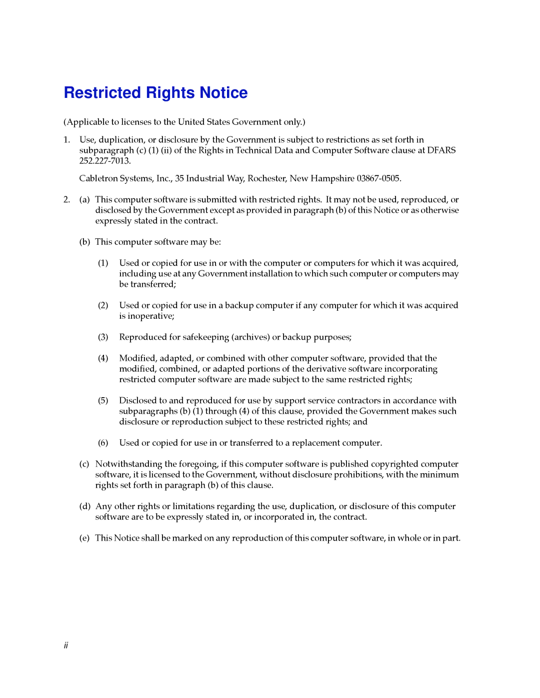 Cabletron Systems 2000 manual Restricted Rights Notice 