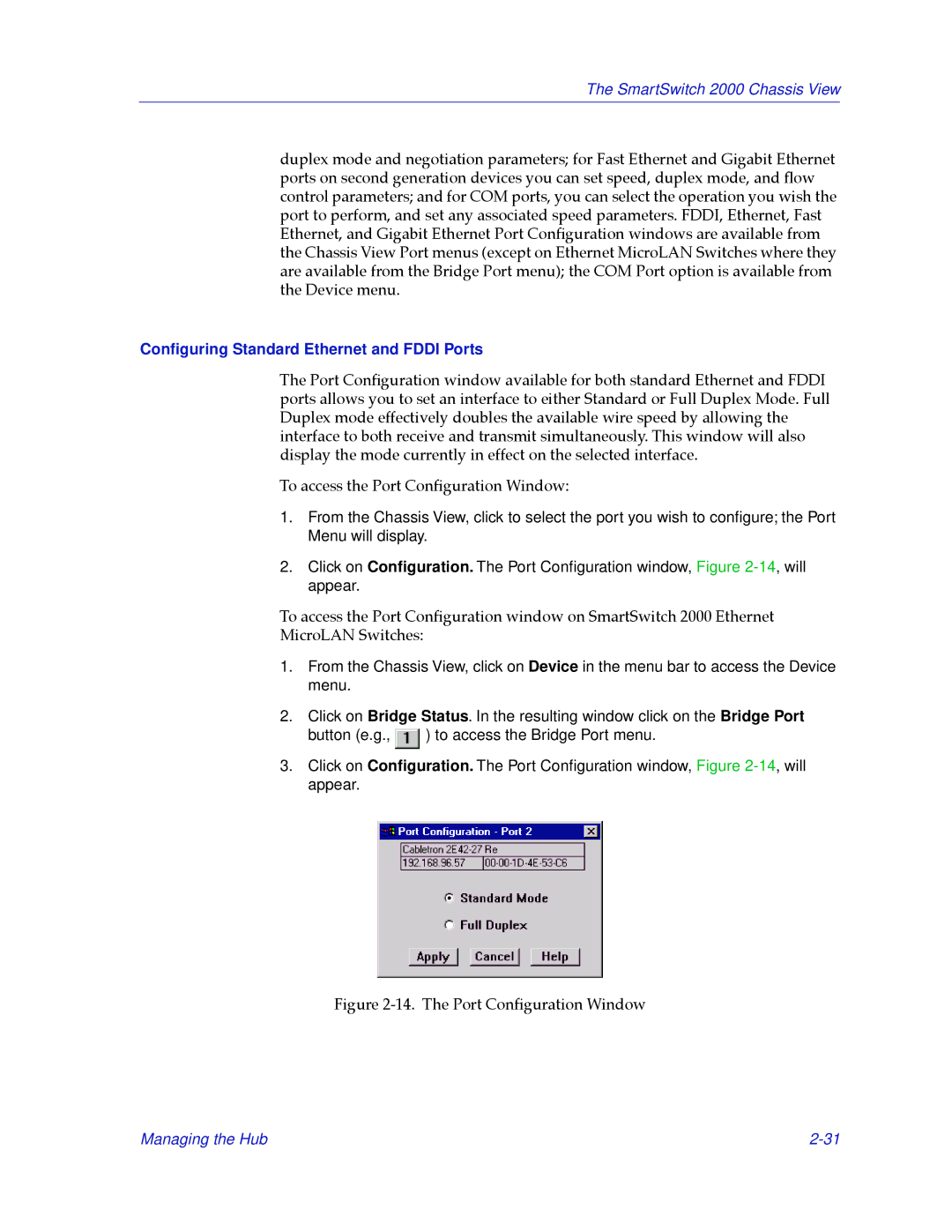 Cabletron Systems 2000 manual Conﬁguring Standard Ethernet and Fddi Ports, The Port ConÞguration Window 