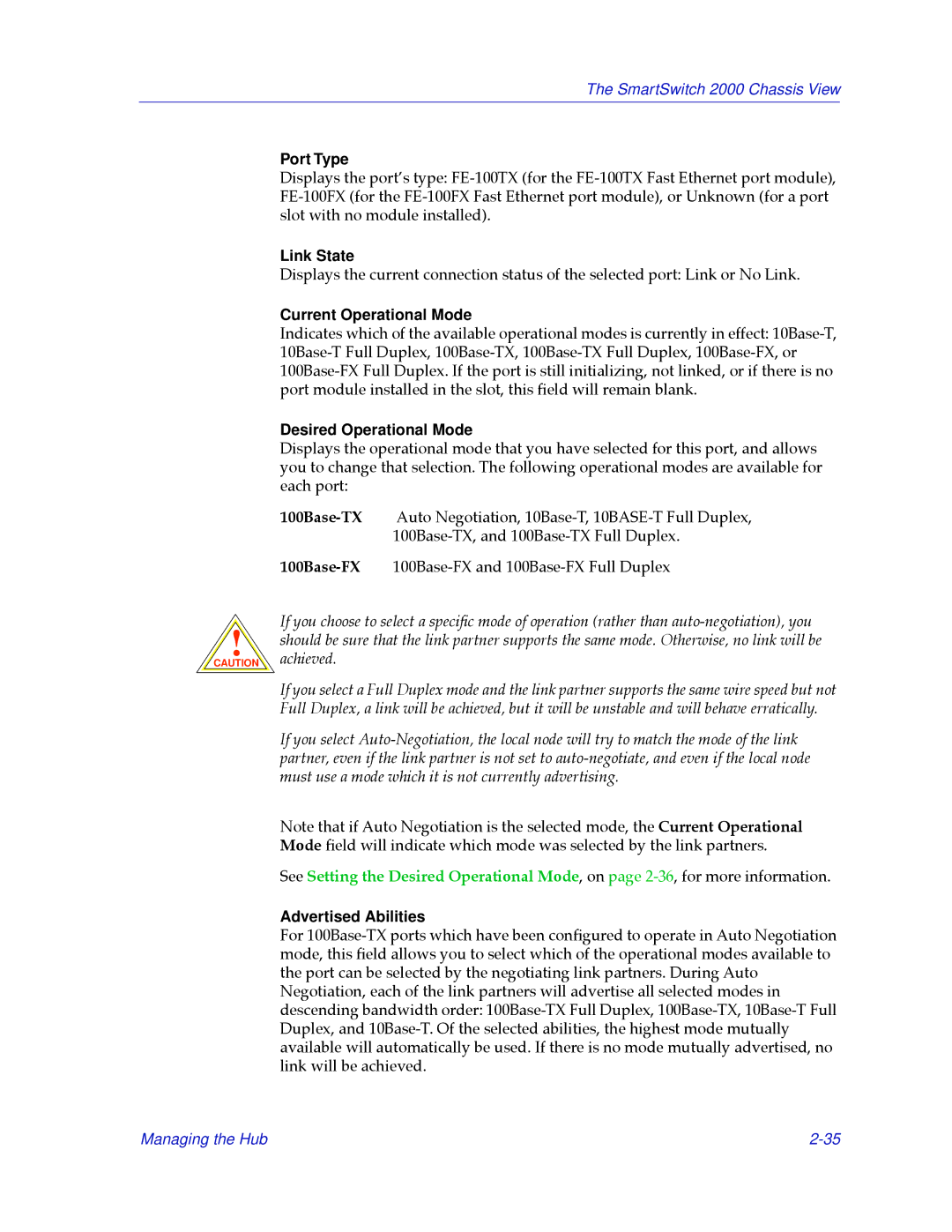 Cabletron Systems 2000 Port Type, Link State, Current Operational Mode, Desired Operational Mode, Advertised Abilities 