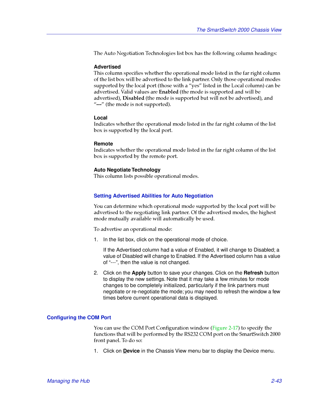 Cabletron Systems 2000 manual Setting Advertised Abilities for Auto Negotiation, Conﬁguring the COM Port 