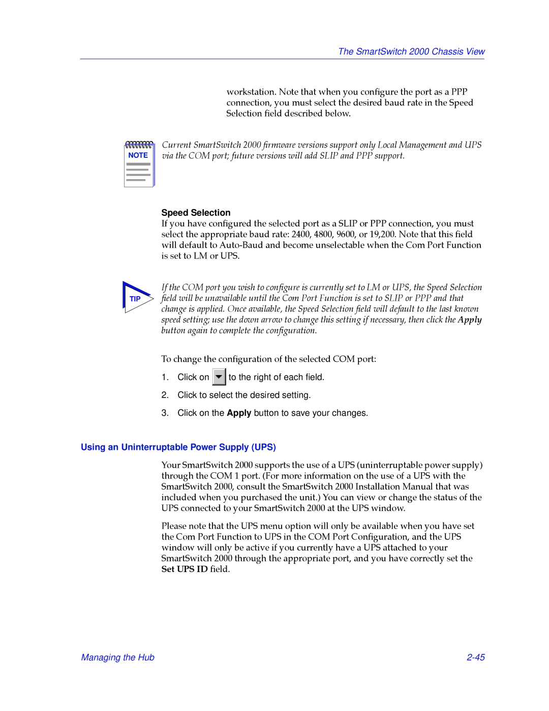 Cabletron Systems 2000 manual Speed Selection, Using an Uninterruptable Power Supply UPS 