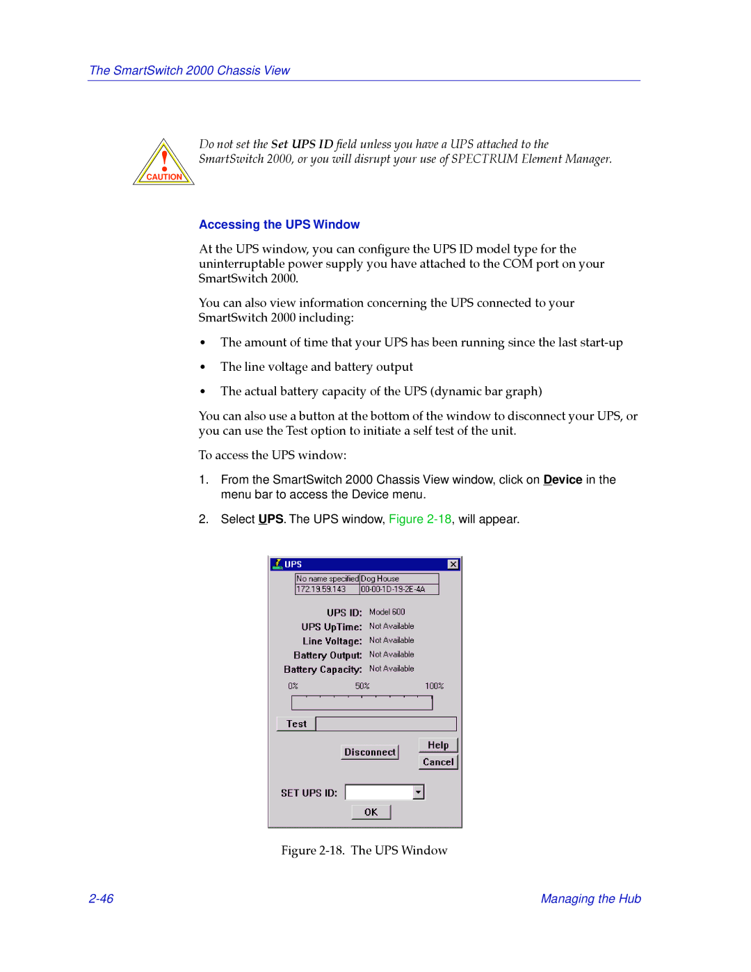 Cabletron Systems 2000 manual Accessing the UPS Window, The UPS Window 