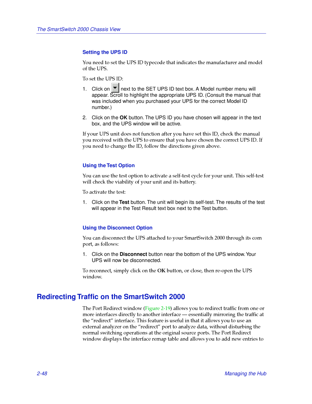 Cabletron Systems 2000 manual Redirecting Trafﬁc on the SmartSwitch, Setting the UPS ID, Using the Test Option 