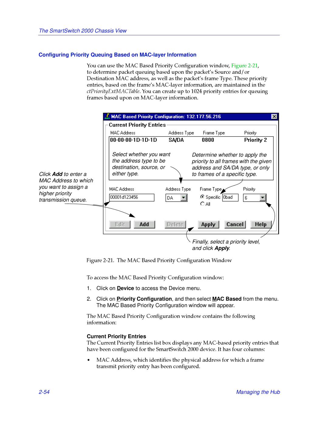 Cabletron Systems 2000 manual Conﬁguring Priority Queuing Based on MAC-layer Information, Current Priority Entries 