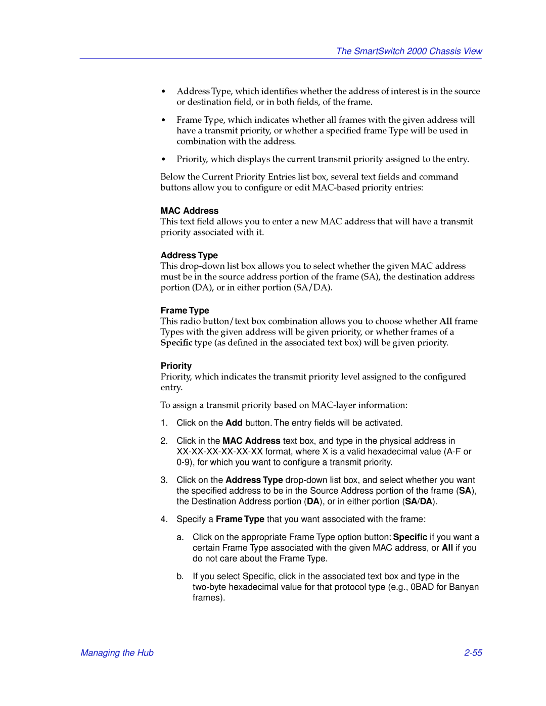 Cabletron Systems 2000 manual Address Type, Frame Type, Priority 