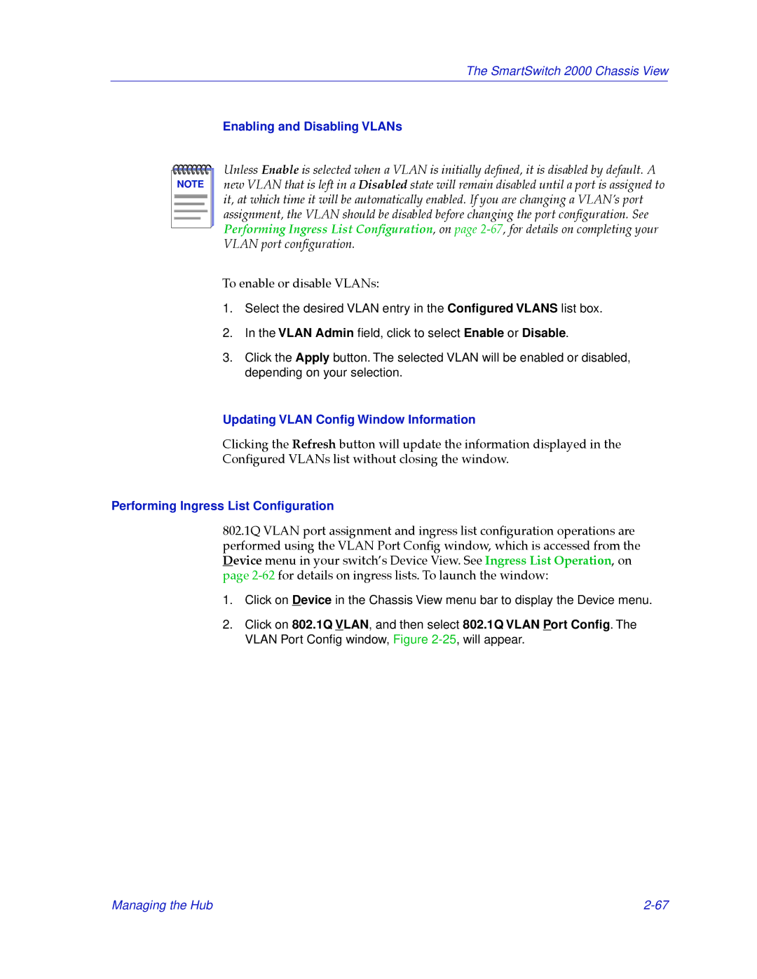 Cabletron Systems 2000 manual Enabling and Disabling VLANs, Updating Vlan Conﬁg Window Information 