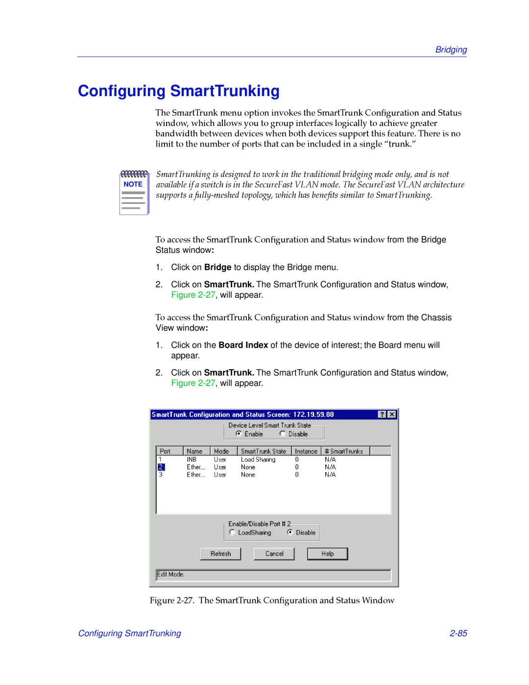 Cabletron Systems 2.2 manual Conﬁguring SmartTrunking, The SmartTrunk ConÞguration and Status Window 